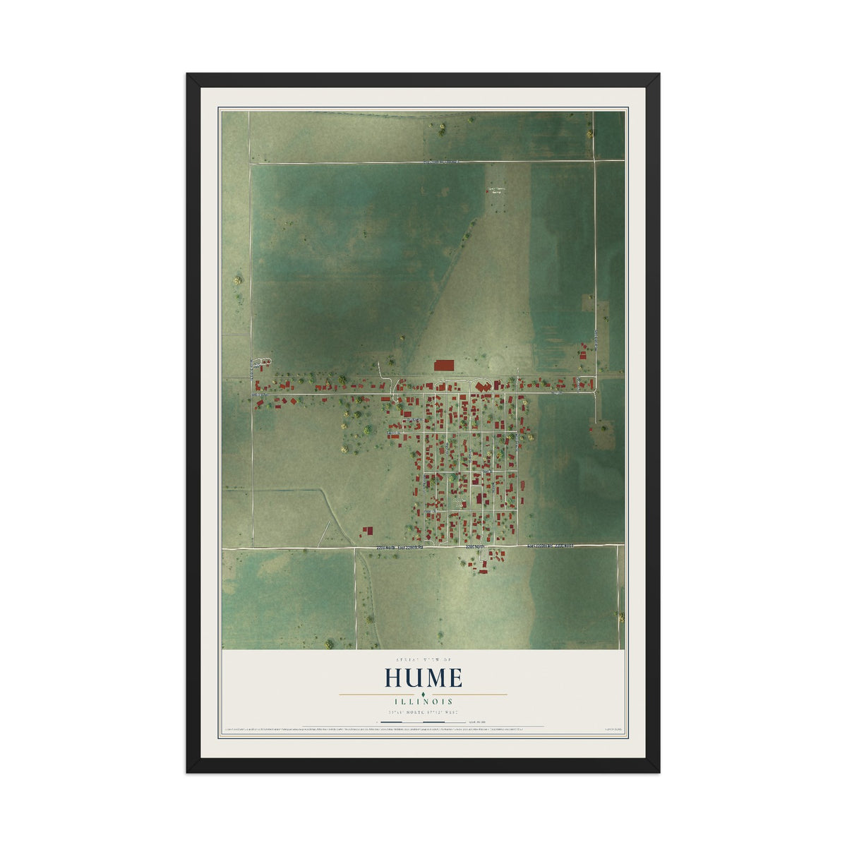 Map of Hume, Illinois, 12 x 18 inch print in a black wood frame