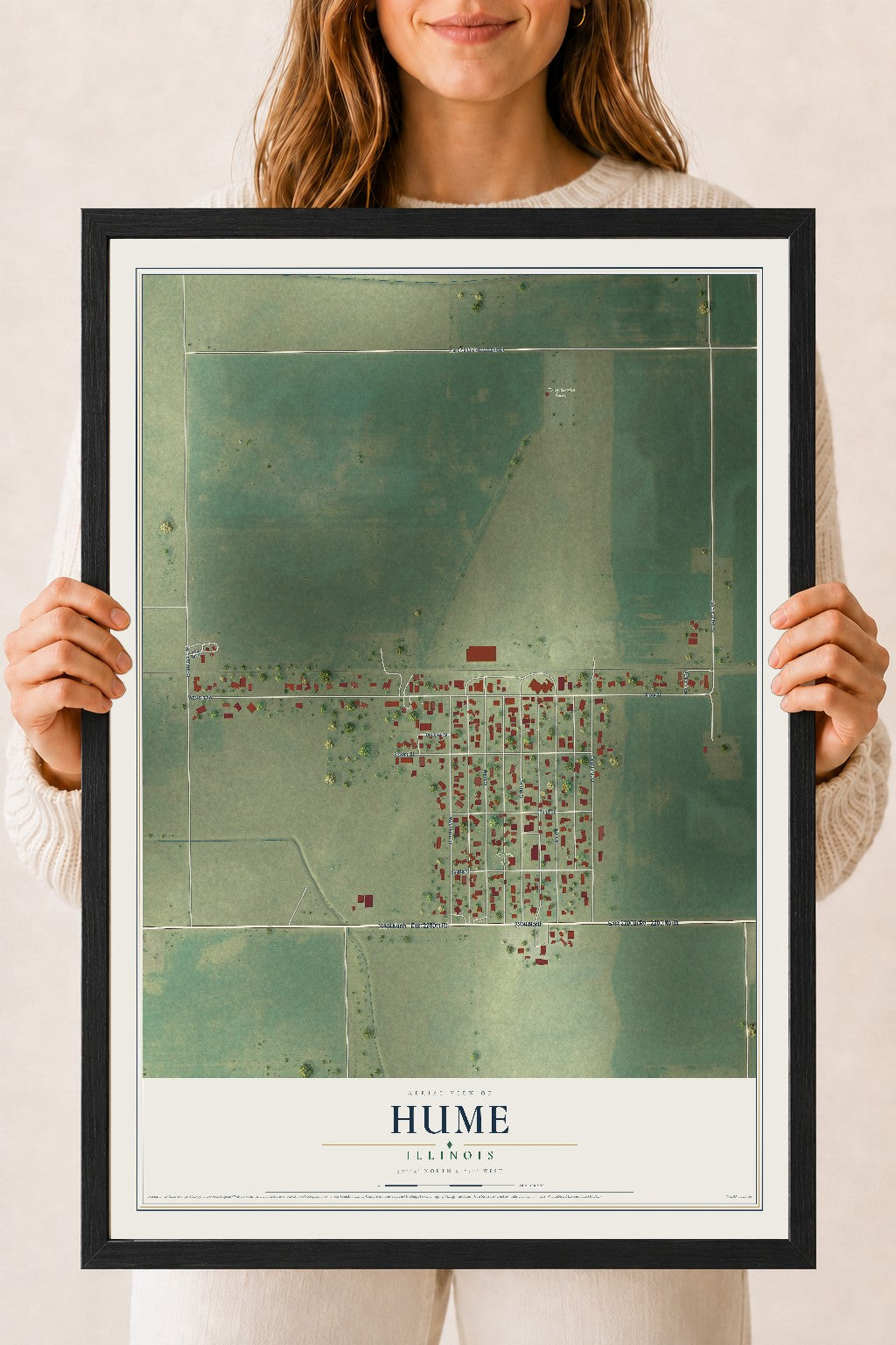 Map of Hume, Illinois, 18 x 24 inch print in a black wood frame