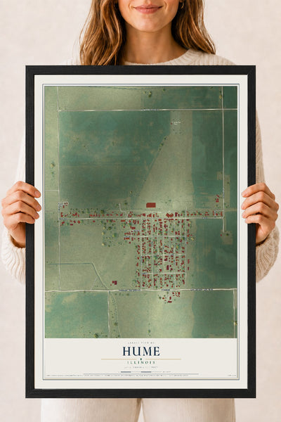 Map of Hume, Illinois, 18 x 24 inch print in a black wood frame