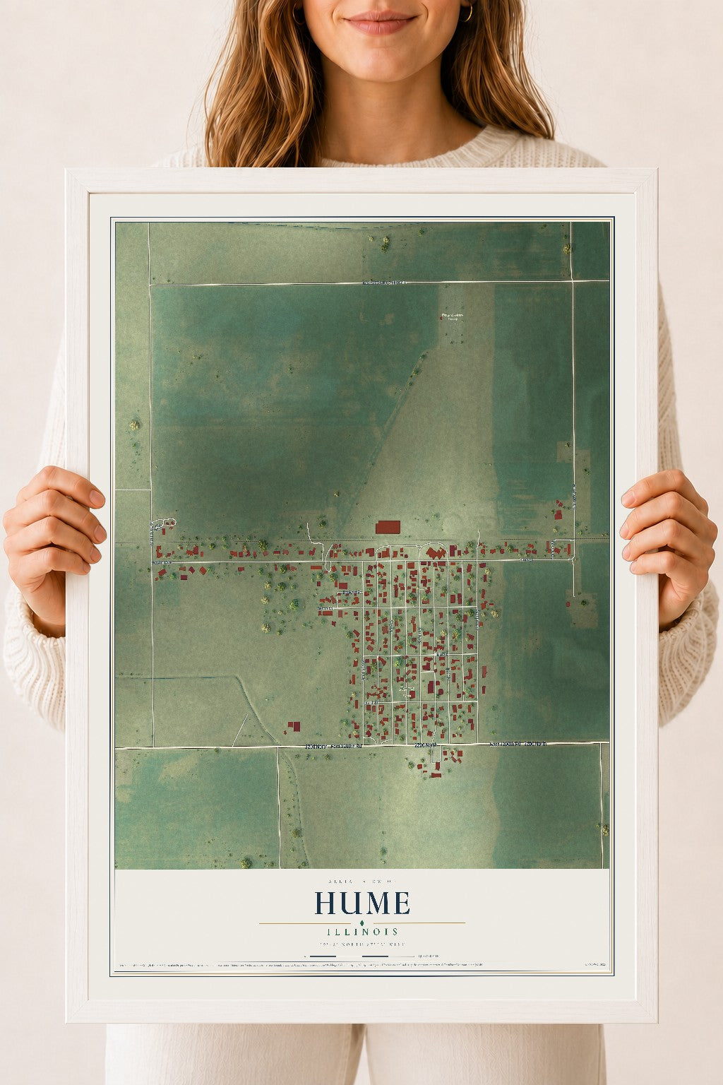 Map of Hume, Illinois, 18 x 24 inch print in a white wood frame