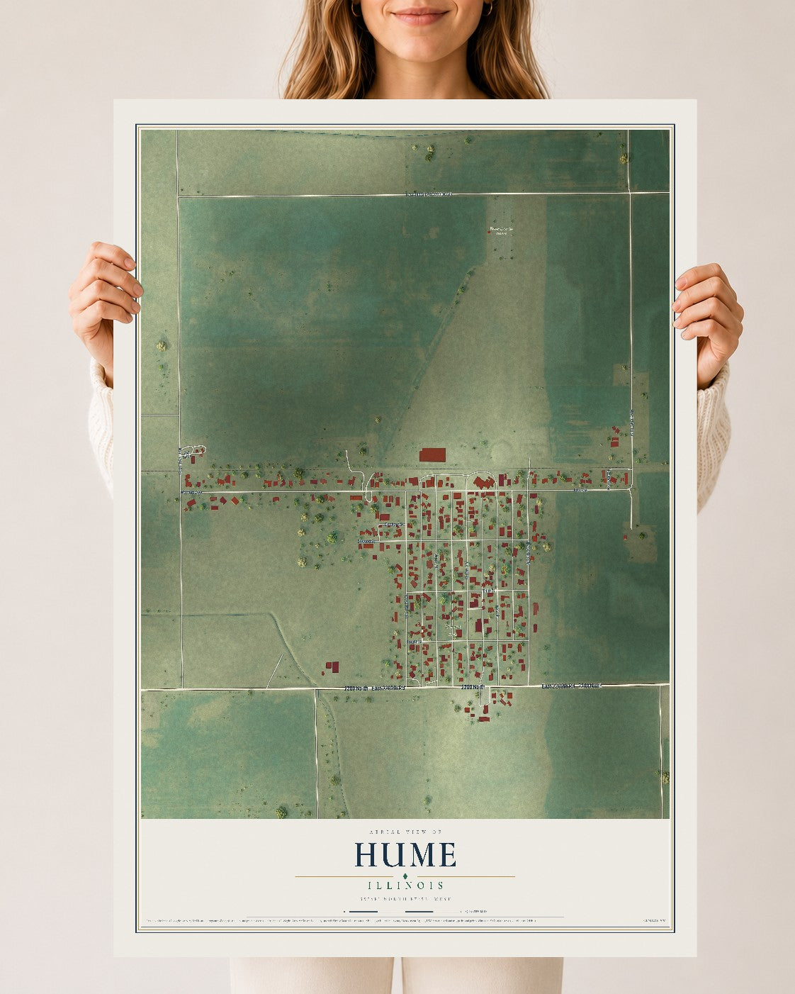 Map of Hume, Illinois, 24 x 36 inch unframed archival matte print