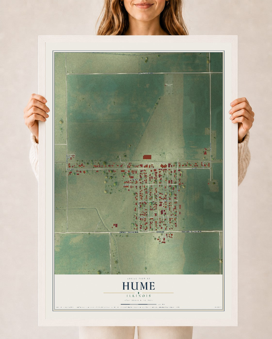 Map of Hume, Illinois, 24 x 36 inch print in a white wood frame