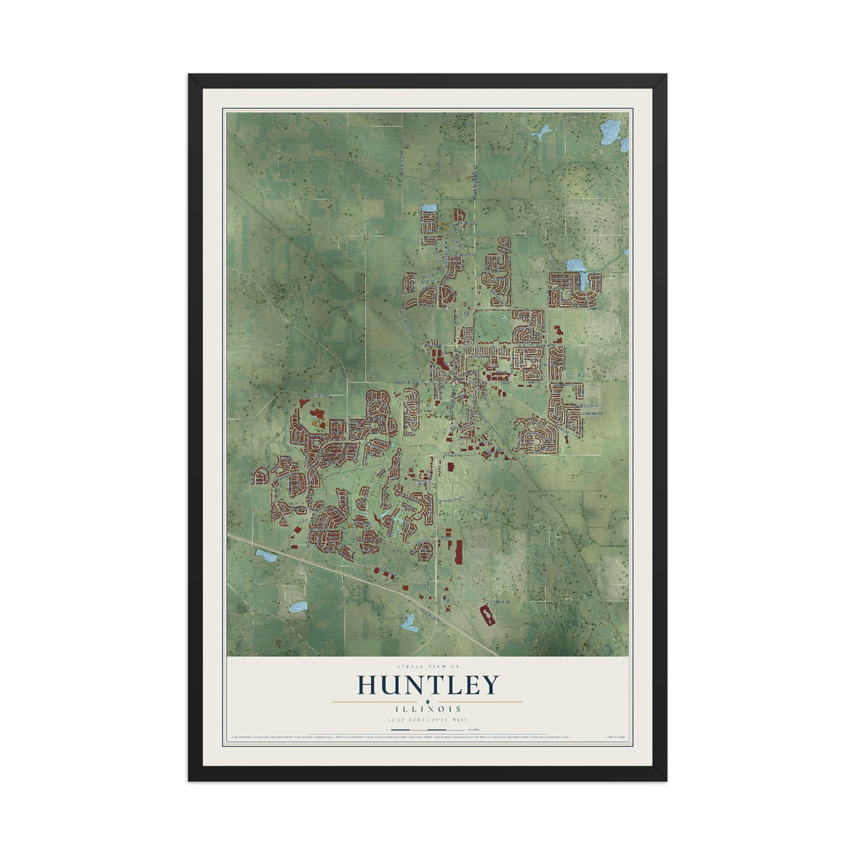 Map of Huntley, Illinois, 12 x 18 inch print in a black wood frame