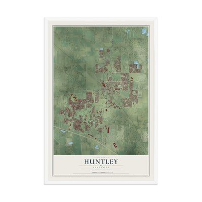 Map of Huntley, Illinois, 12 x 18 inch print in a white wood frame