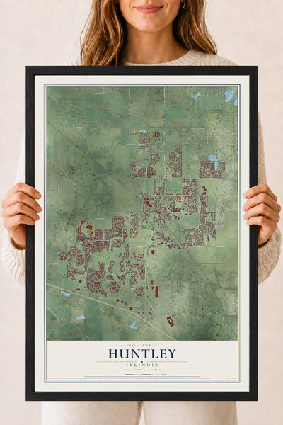 Map of Huntley, Illinois, 18 x 24 inch print in a black wood frame