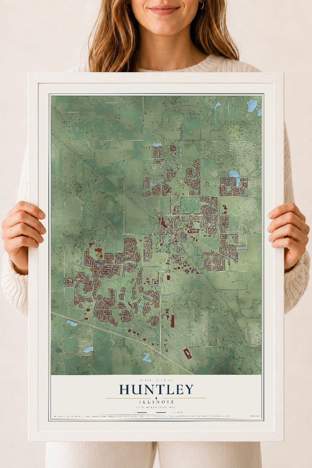 Map of Huntley, Illinois, 18 x 24 inch print in a white wood frame