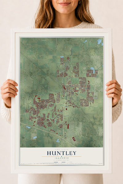 Map of Huntley, Illinois, 18 x 24 inch print in a white wood frame