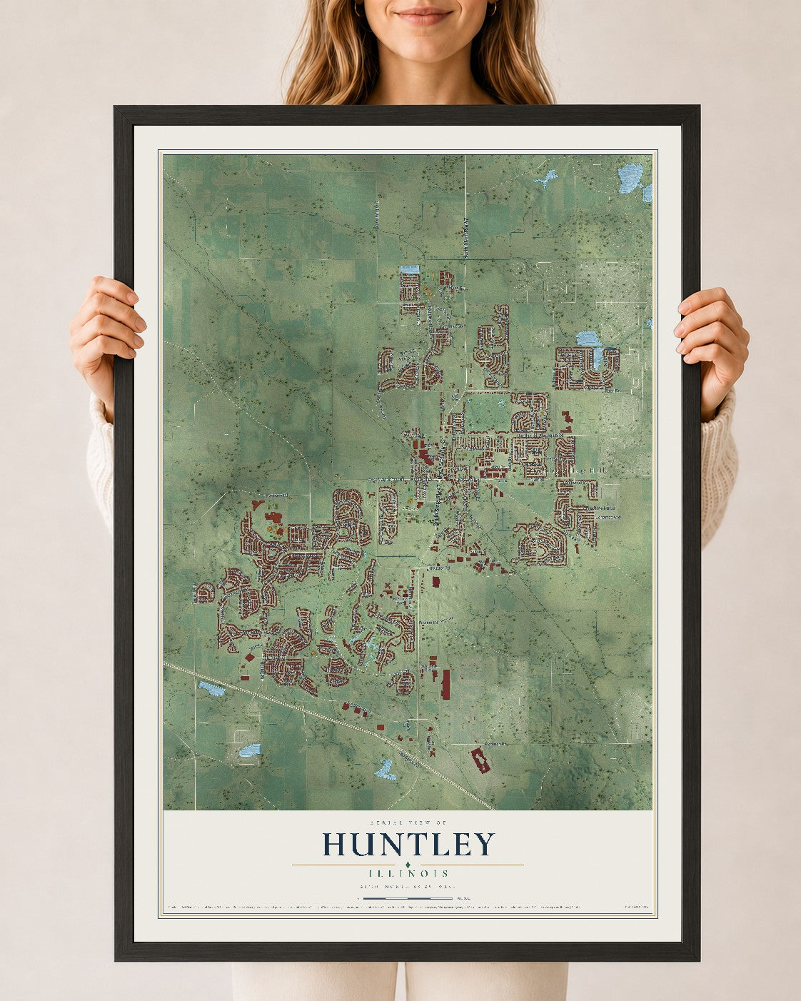 Map of Huntley, Illinois, 24 x 36 inch print in a black wood frame