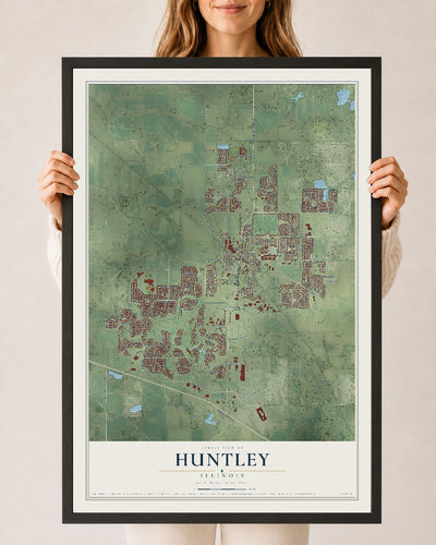 Map of Huntley, Illinois, 24 x 36 inch print in a black wood frame