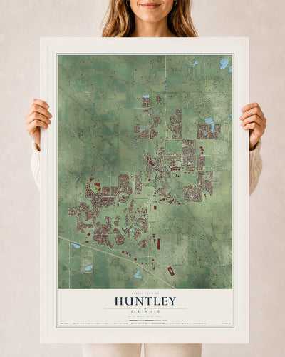 Map of Huntley, Illinois, 24 x 36 inch print in a white wood frame