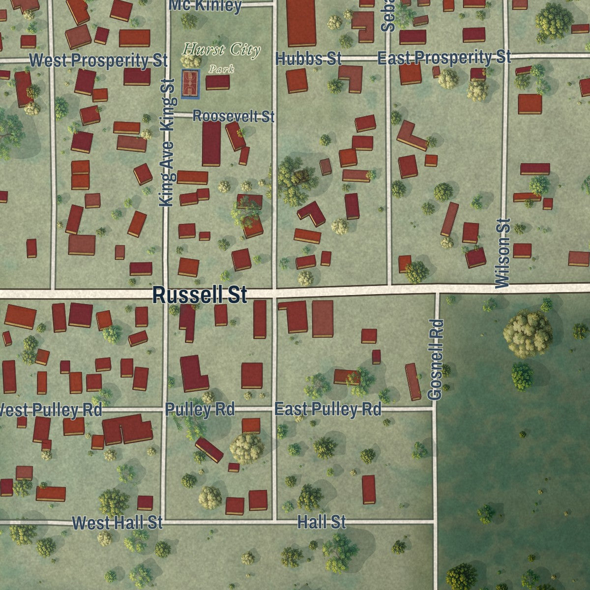 Close-up of the map of Hurst, Illinois print showing street and building detail
