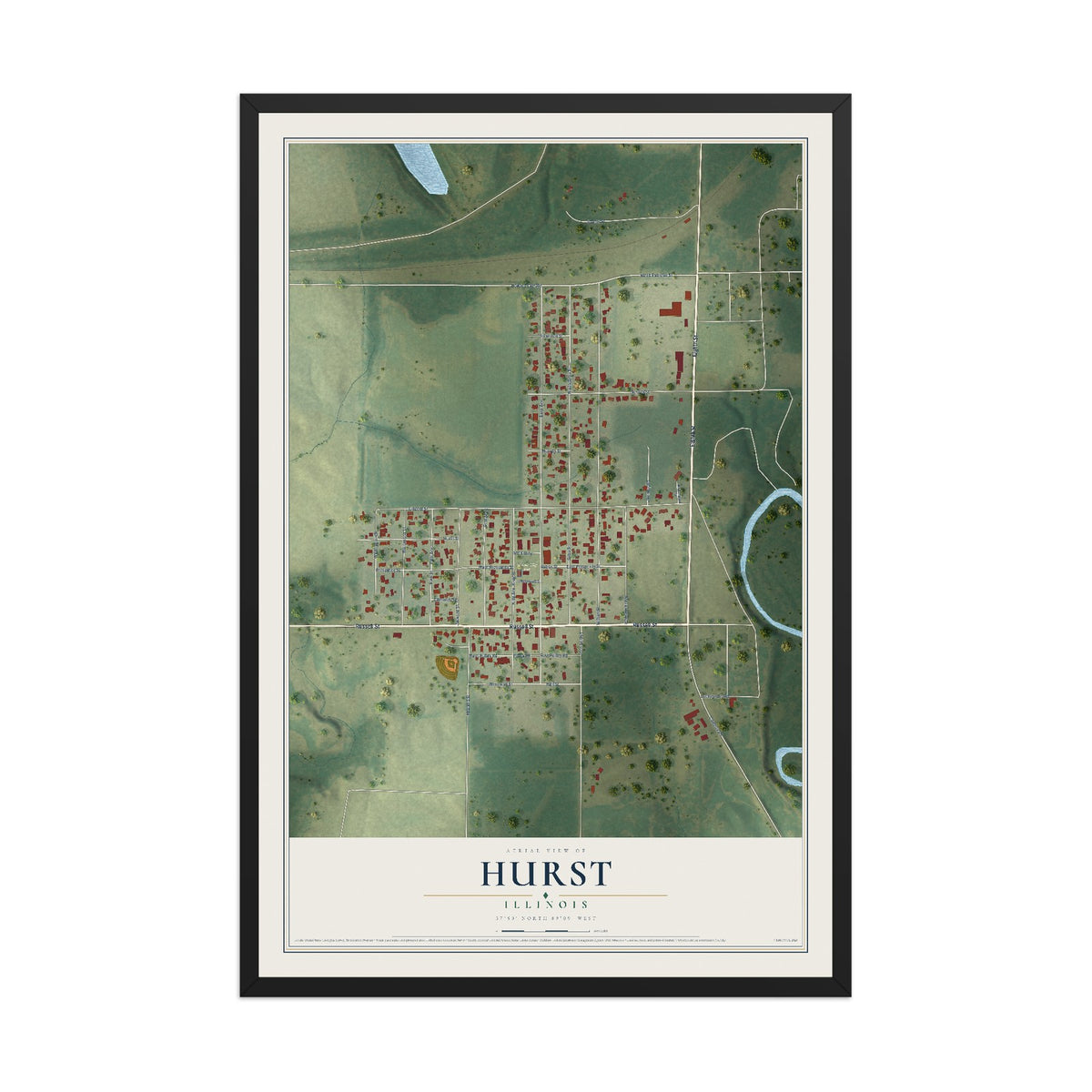Map of Hurst, Illinois, 12 x 18 inch print in a black wood frame