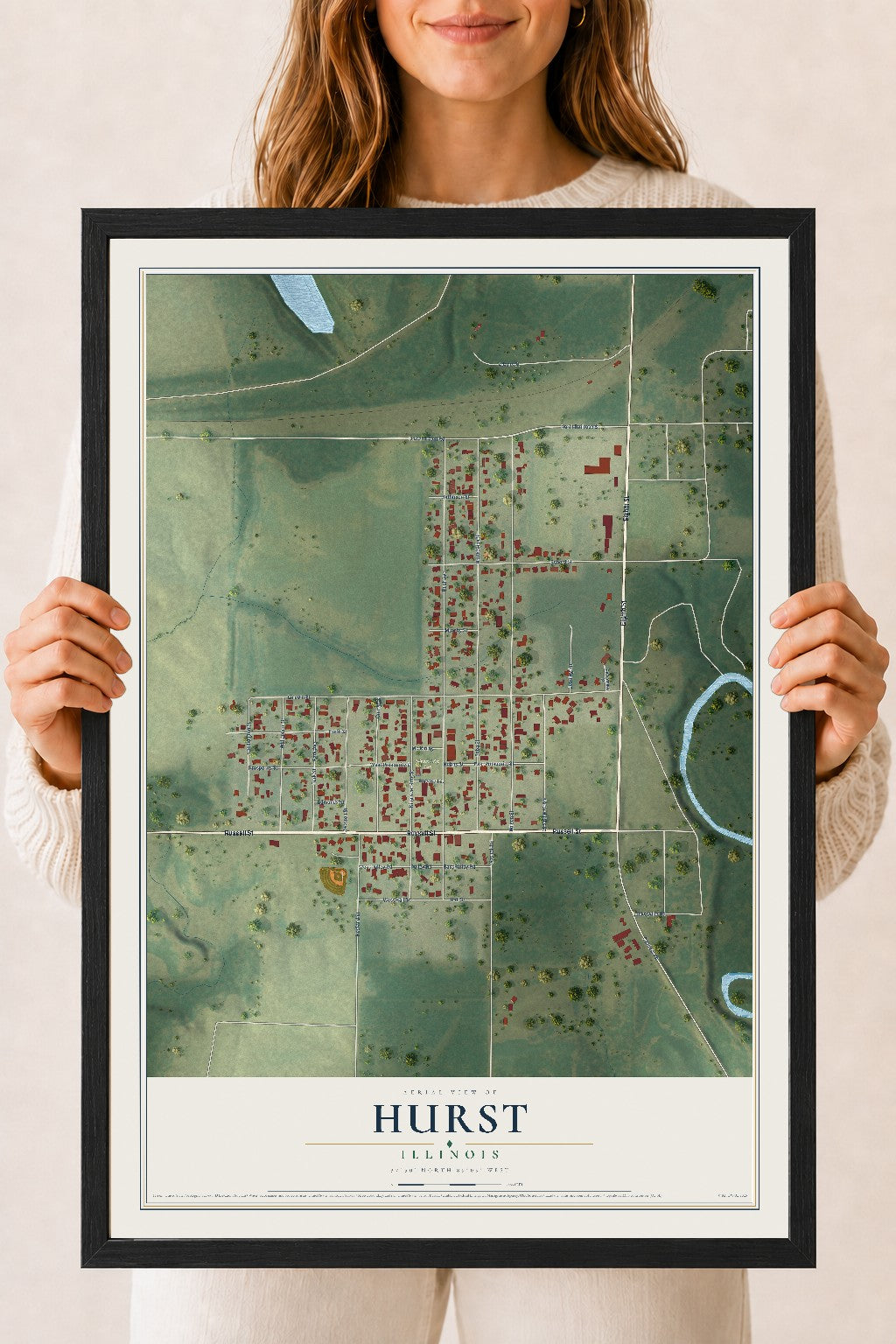 Map of Hurst, Illinois, 18 x 24 inch print in a black wood frame