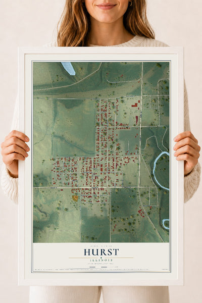 Map of Hurst, Illinois, 18 x 24 inch print in a white wood frame