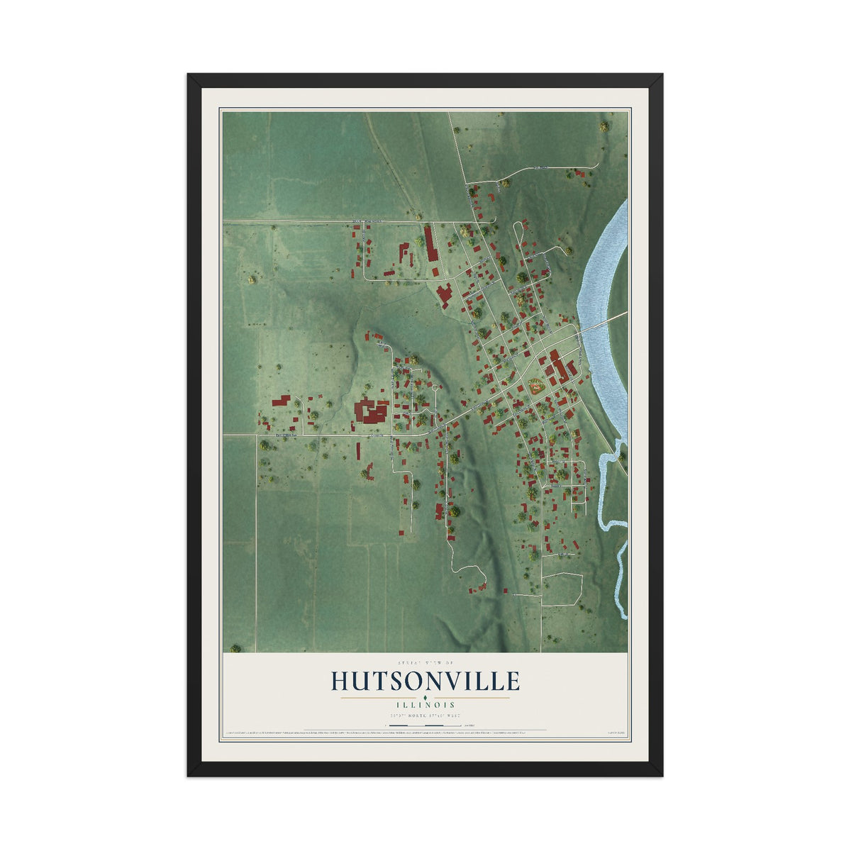 Map of Hutsonville, Illinois, 12 x 18 inch print in a black wood frame