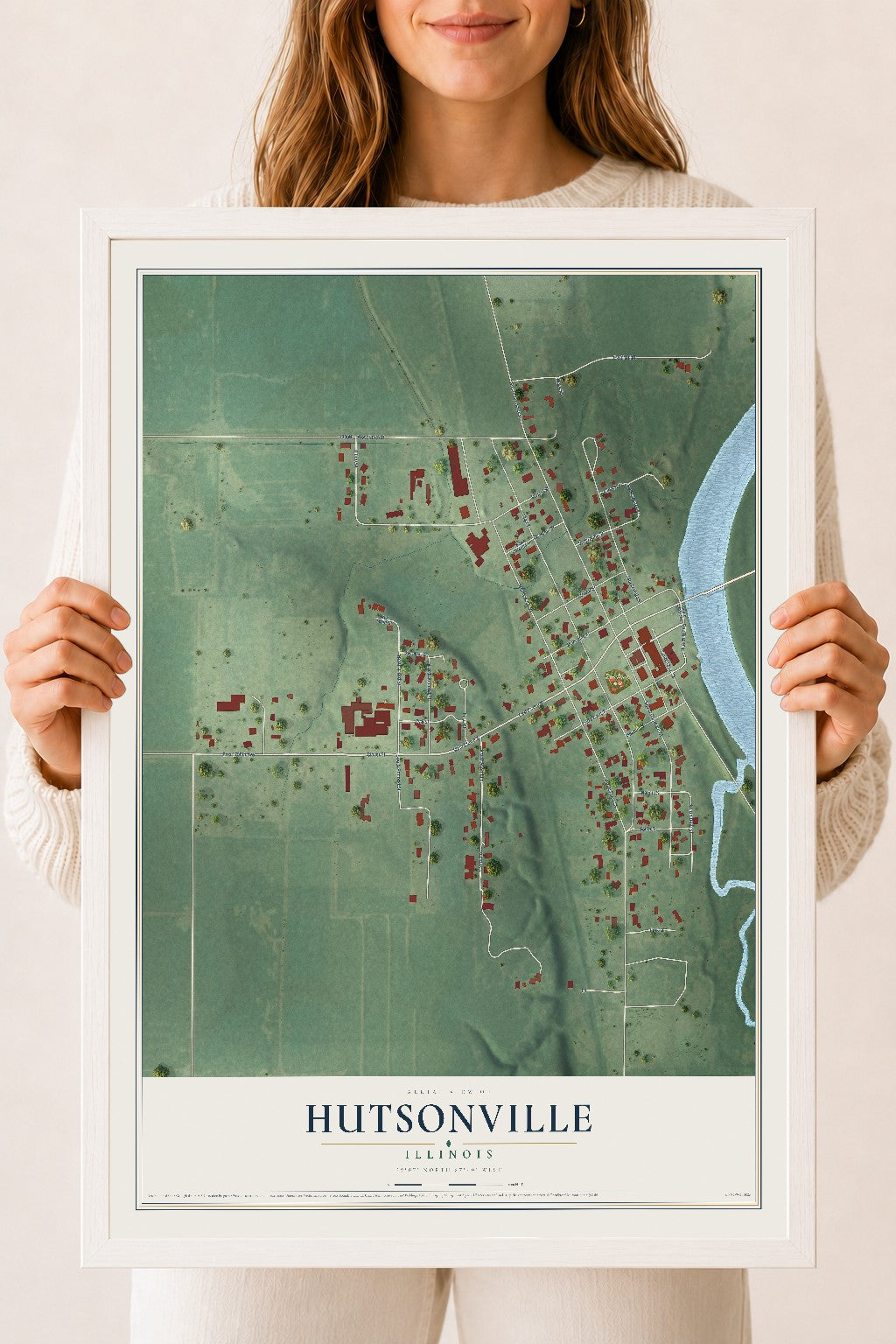Map of Hutsonville, Illinois, 18 x 24 inch print in a white wood frame