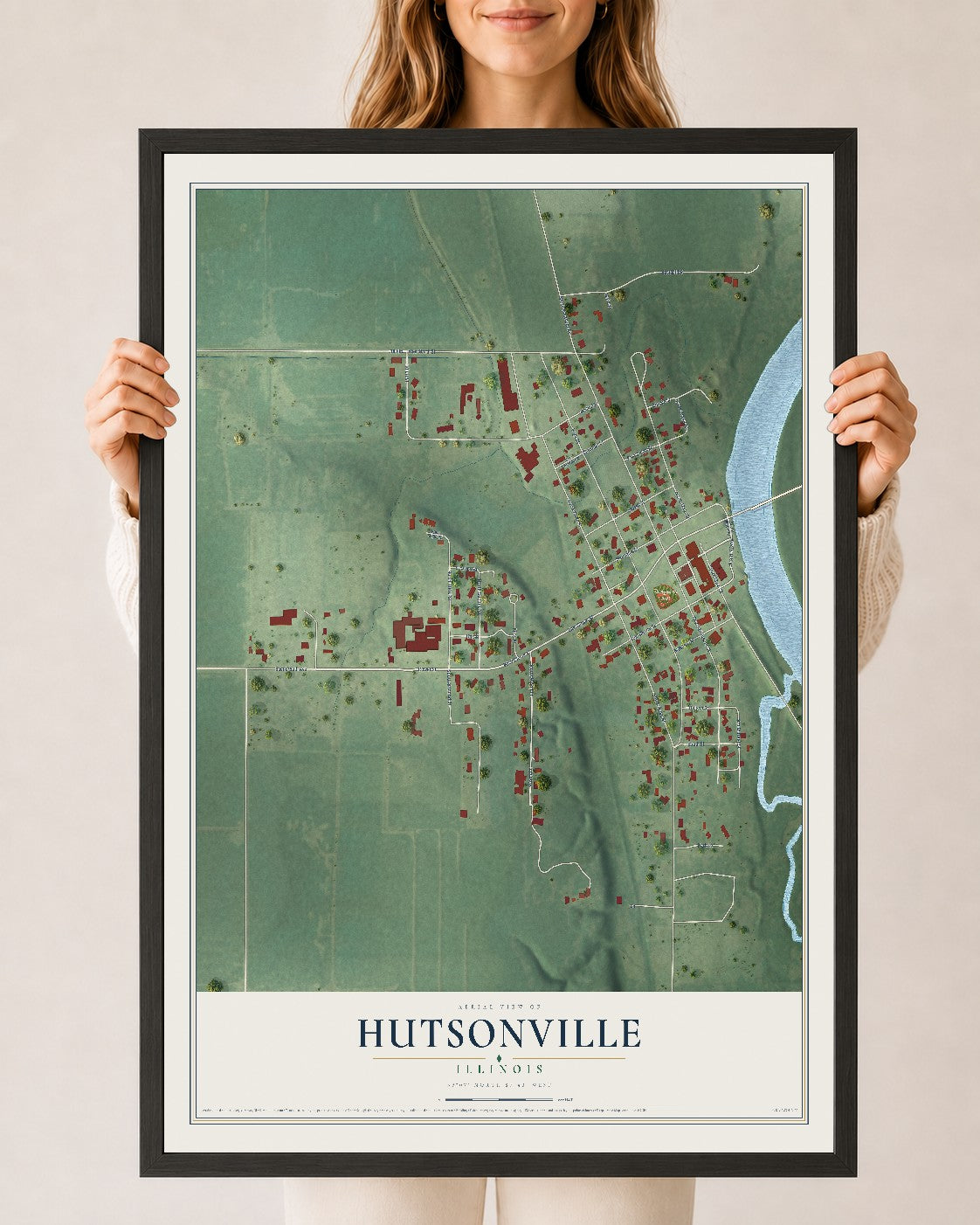 Map of Hutsonville, Illinois, 24 x 36 inch print in a black wood frame