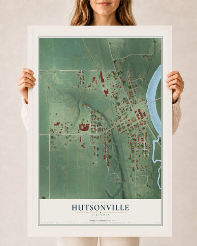 Map of Hutsonville, Illinois, 24 x 36 inch print in a white wood frame