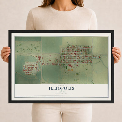 Map of Illiopolis, Illinois, 12 x 18 inch print in a black wood frame