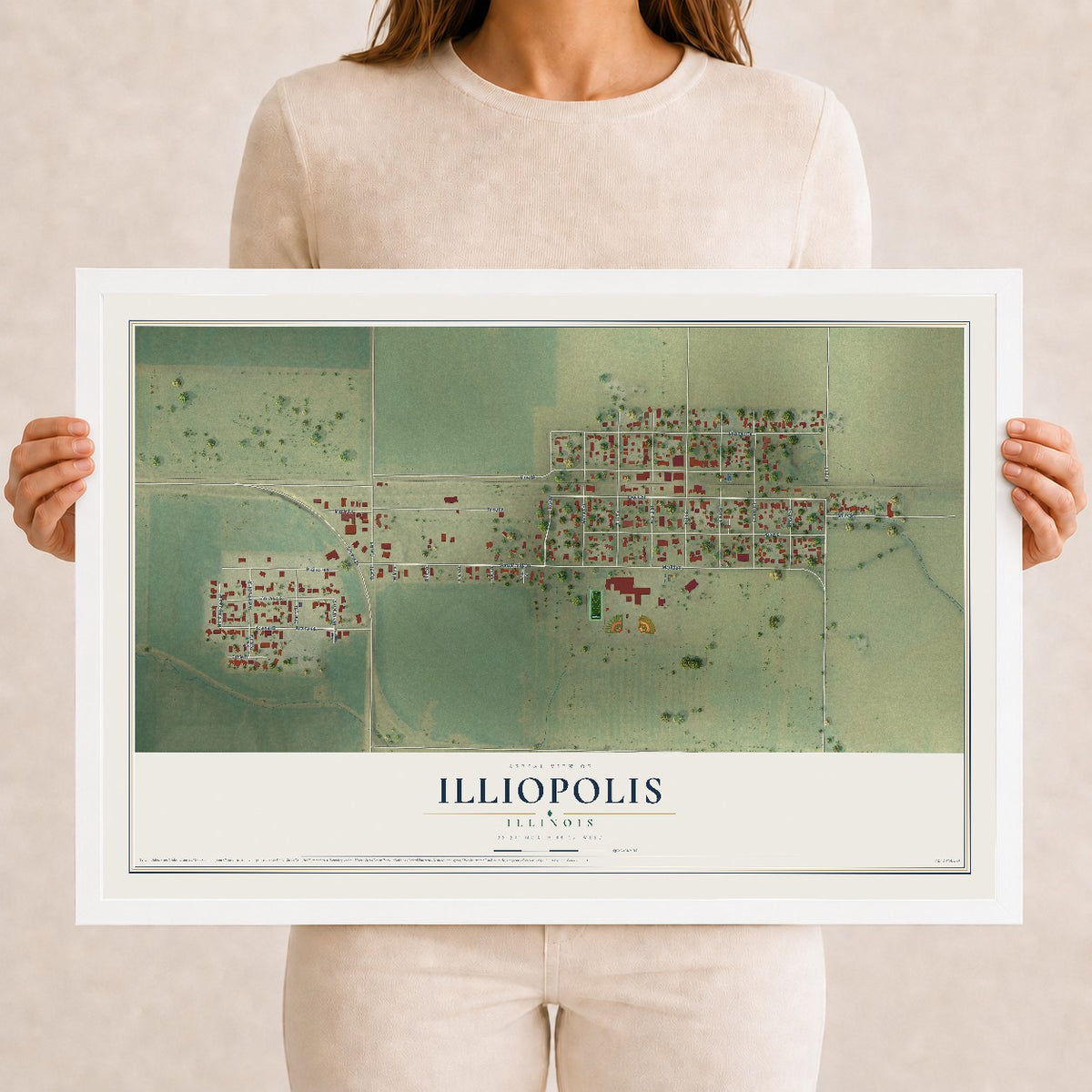 Map of Illiopolis, Illinois, 12 x 18 inch print in a white wood frame