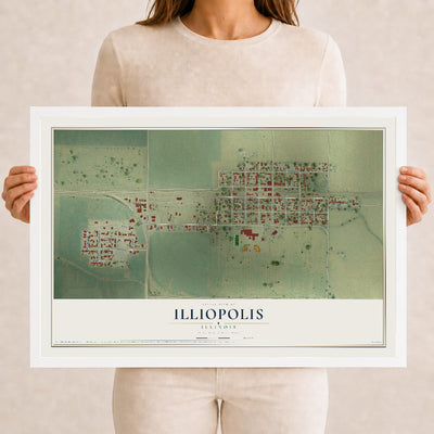 Map of Illiopolis, Illinois, 12 x 18 inch print in a white wood frame