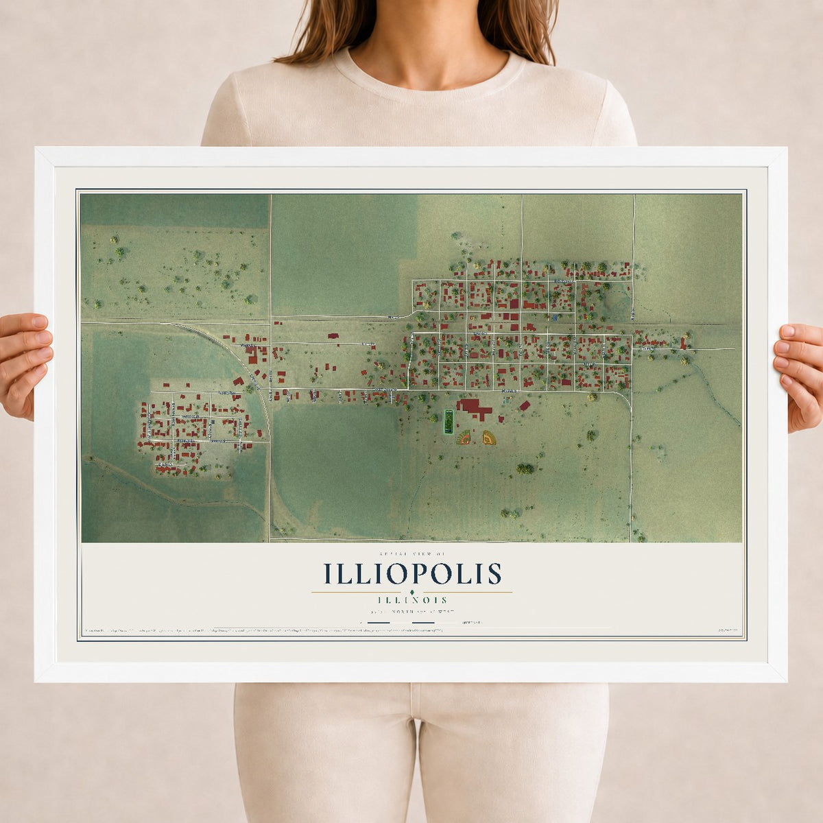 Map of Illiopolis, Illinois, 18 x 24 inch print in a white wood frame