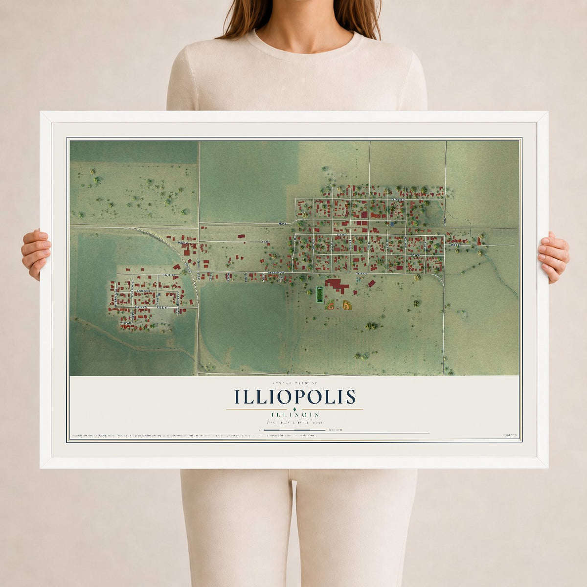 Map of Illiopolis, Illinois, 24 x 36 inch print in a white wood frame
