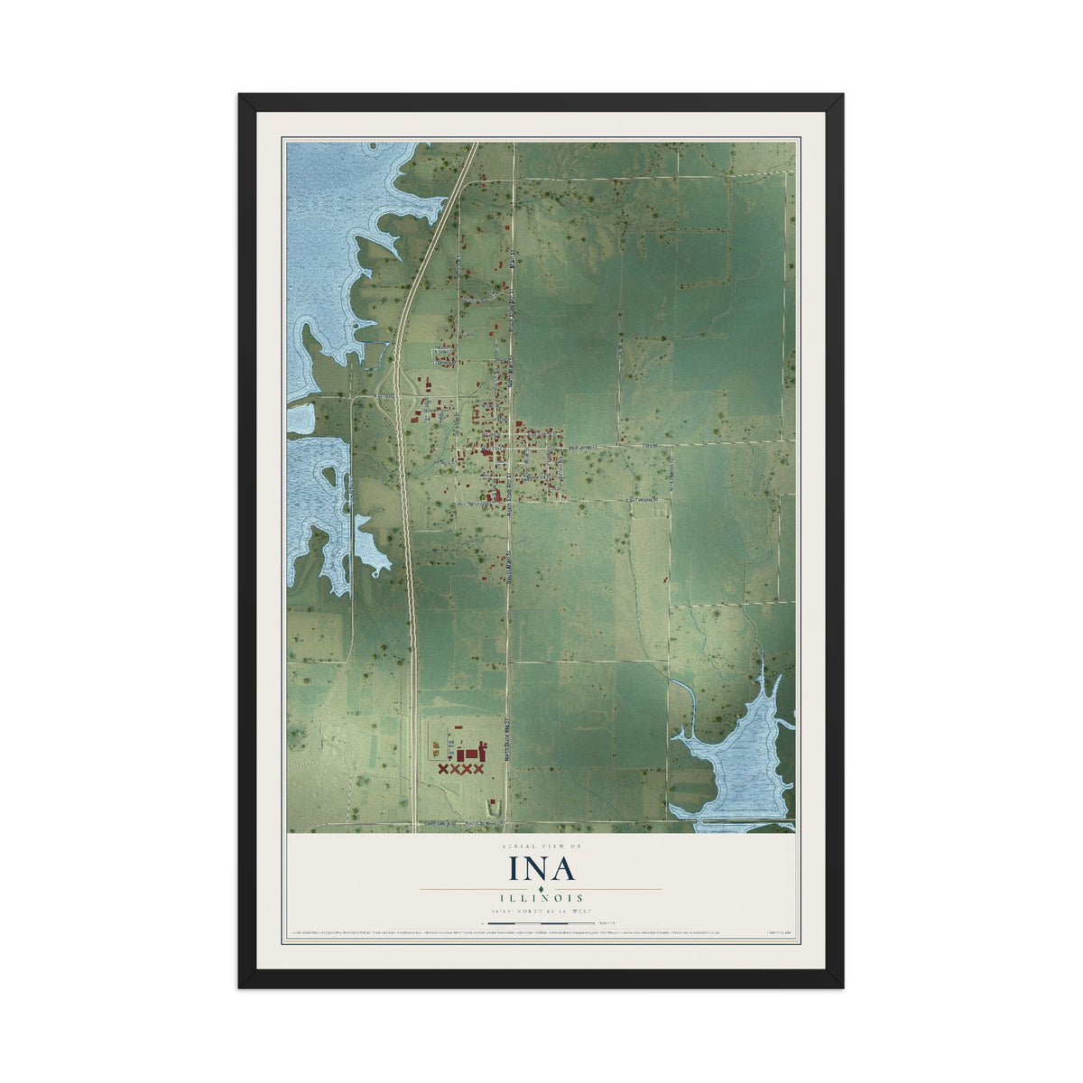 Map of Ina, Illinois, 12 x 18 inch print in a black wood frame