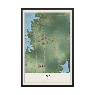 Map of Ina, Illinois, 12 x 18 inch print in a black wood frame