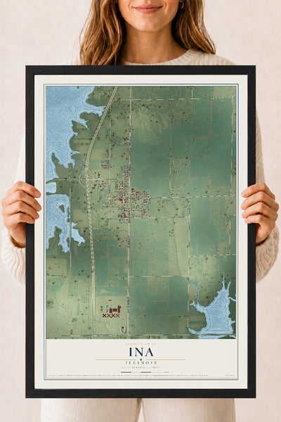 Map of Ina, Illinois, 18 x 24 inch print in a black wood frame