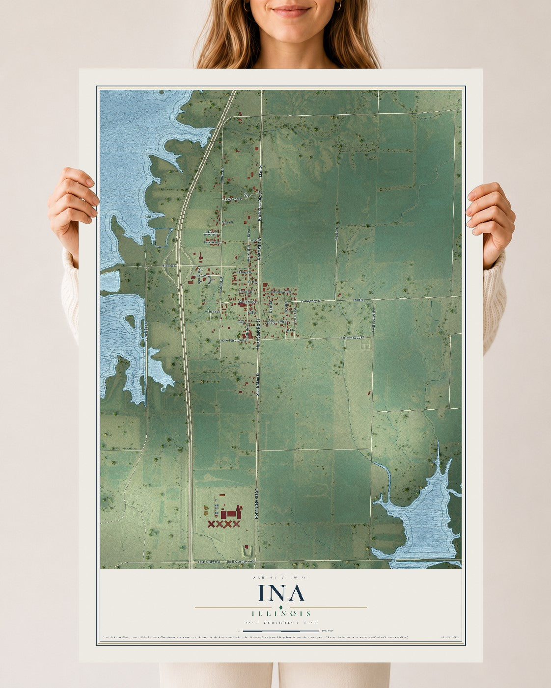 Map of Ina, Illinois, 24 x 36 inch unframed archival matte print