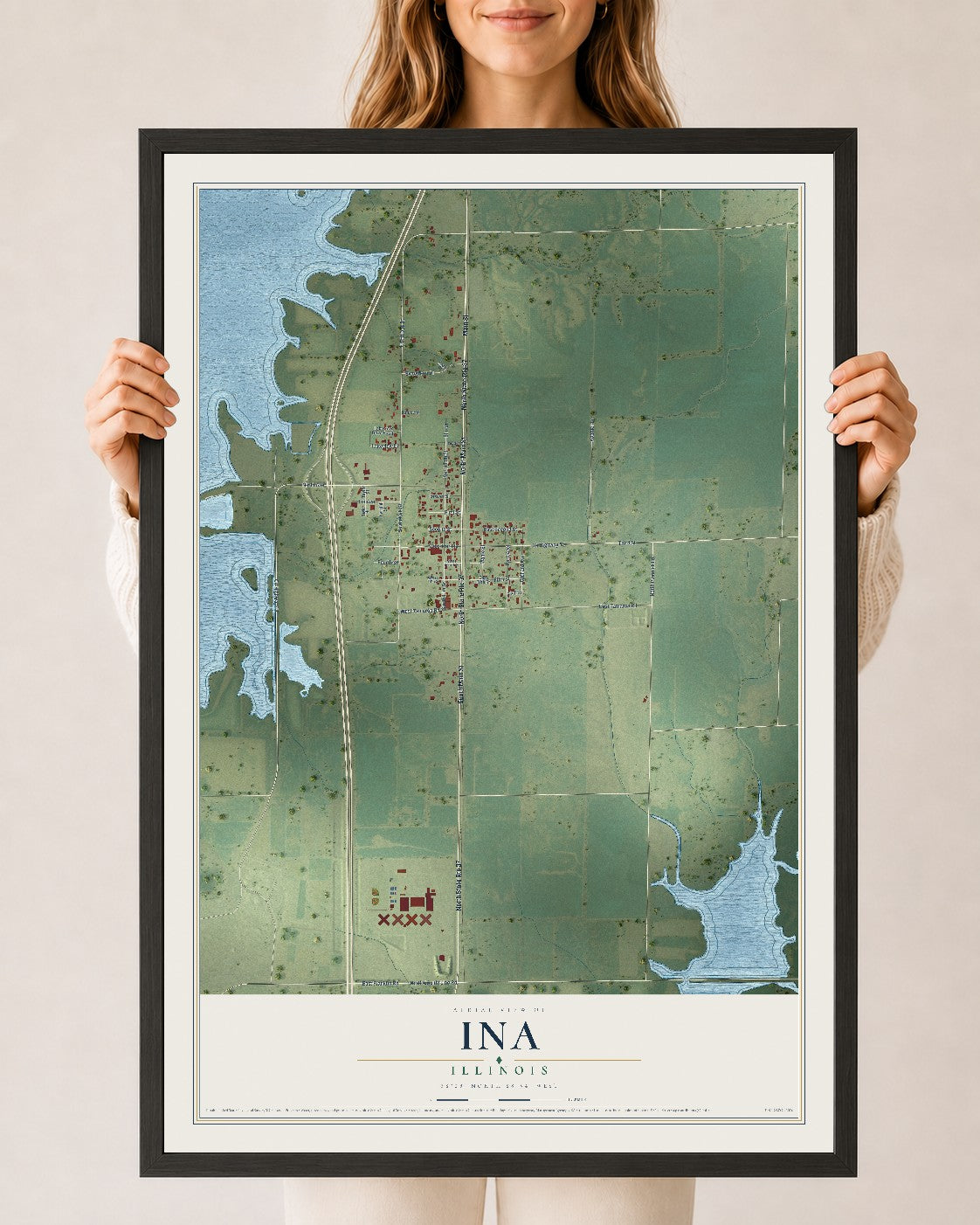 Map of Ina, Illinois, 24 x 36 inch print in a black wood frame