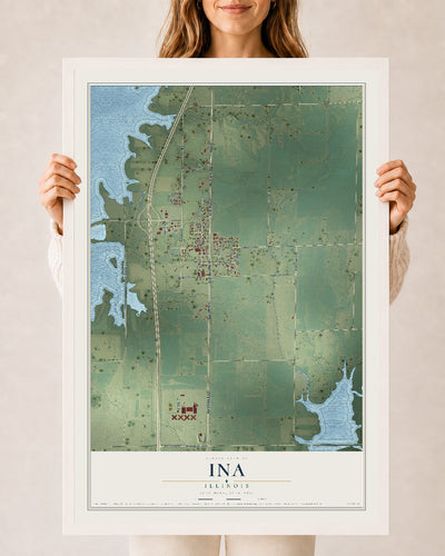 Map of Ina, Illinois, 24 x 36 inch print in a white wood frame