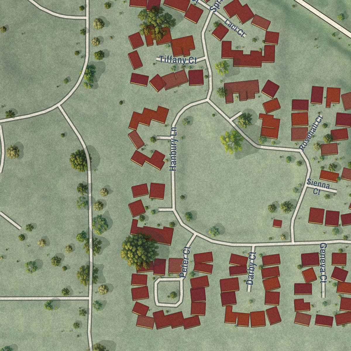 Close-up of the map of Indian Creek, Illinois print showing street and building detail