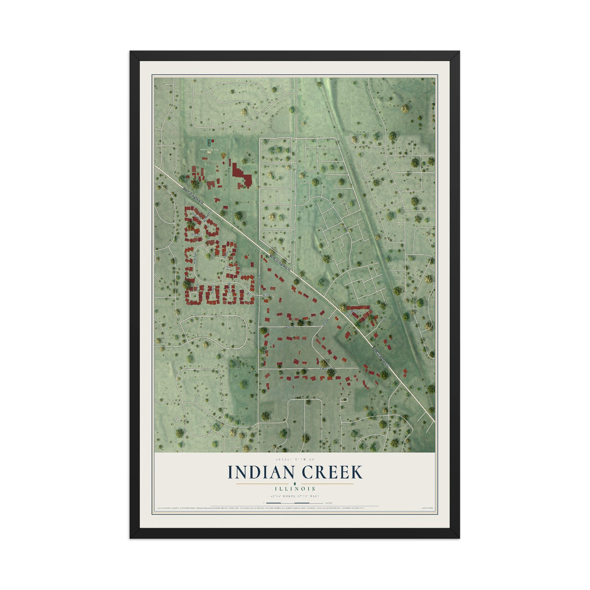 Map of Indian Creek, Illinois, 12 x 18 inch print in a black wood frame