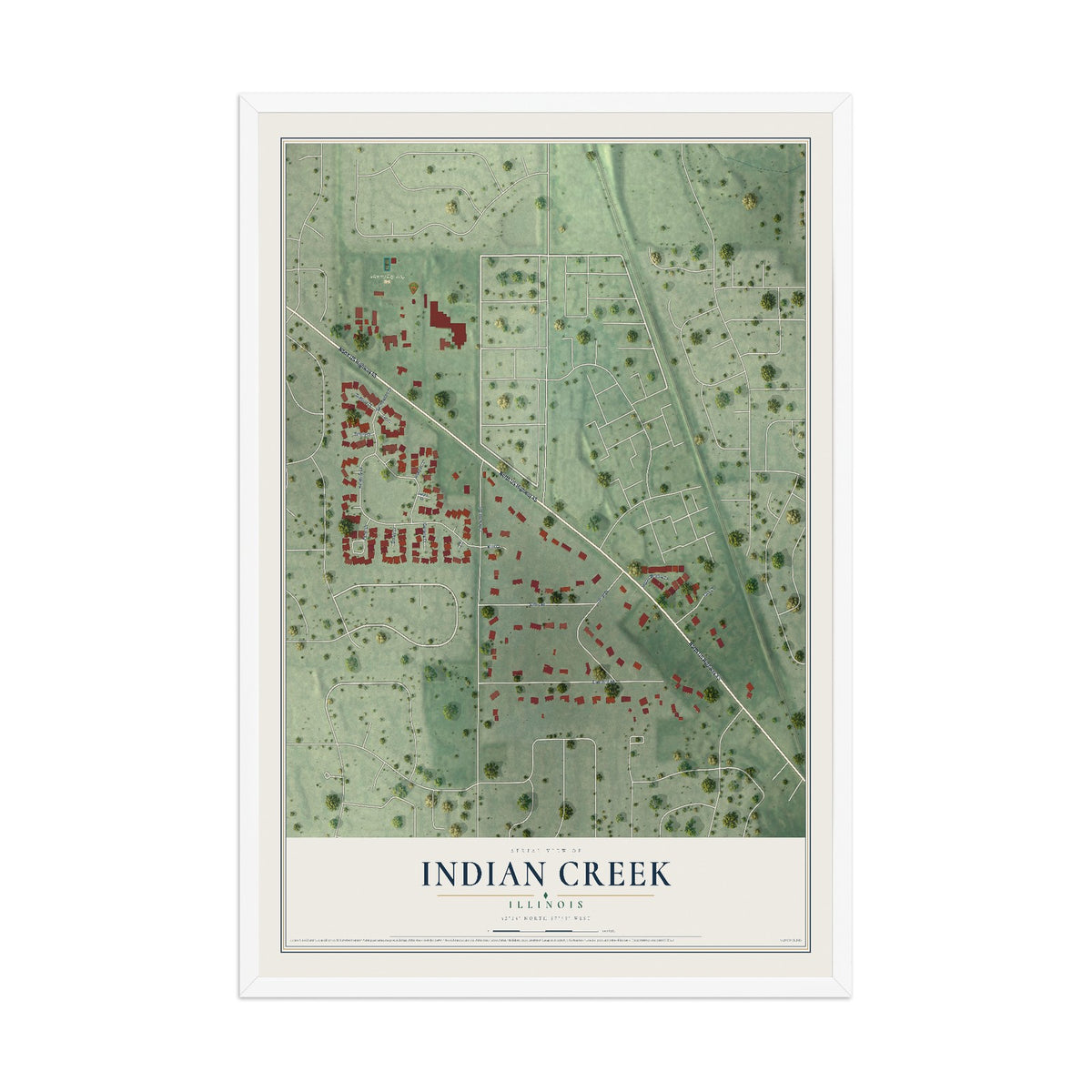 Map of Indian Creek, Illinois, 12 x 18 inch print in a white wood frame