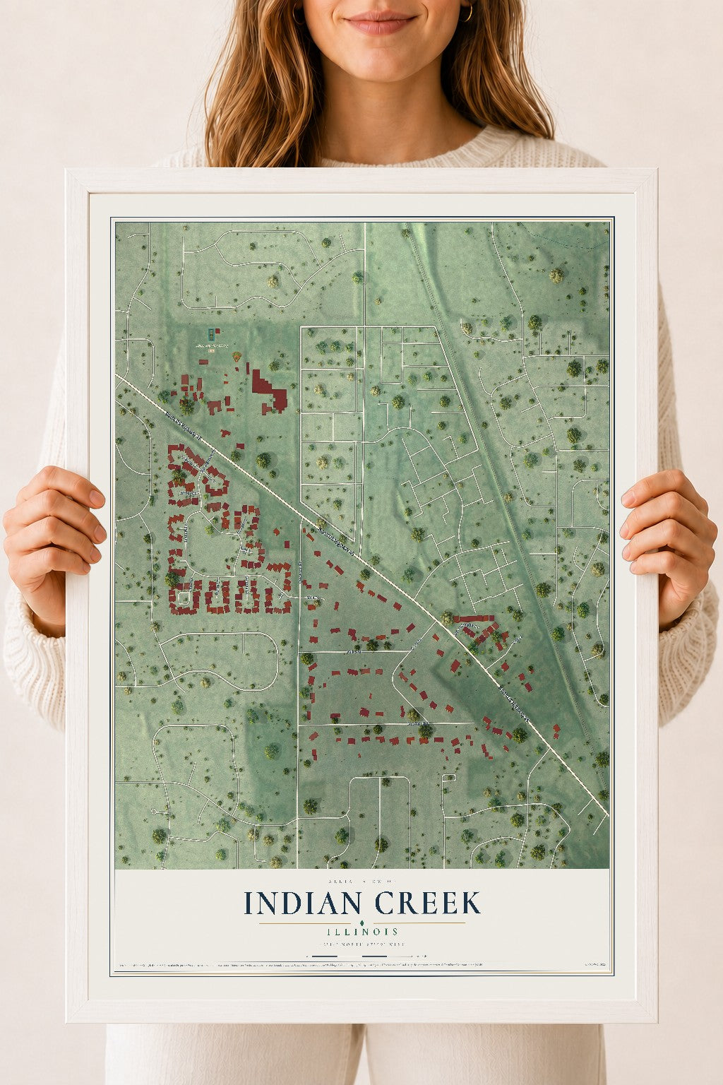 Map of Indian Creek, Illinois, 18 x 24 inch print in a white wood frame