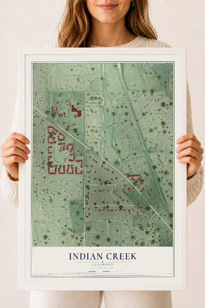 Map of Indian Creek, Illinois, 18 x 24 inch print in a white wood frame