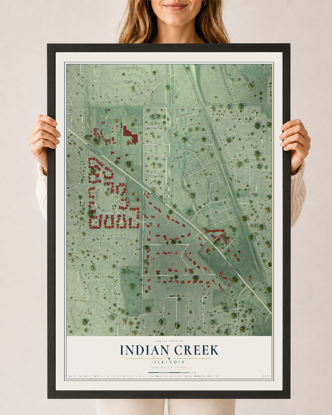 Map of Indian Creek, Illinois, 24 x 36 inch print in a black wood frame