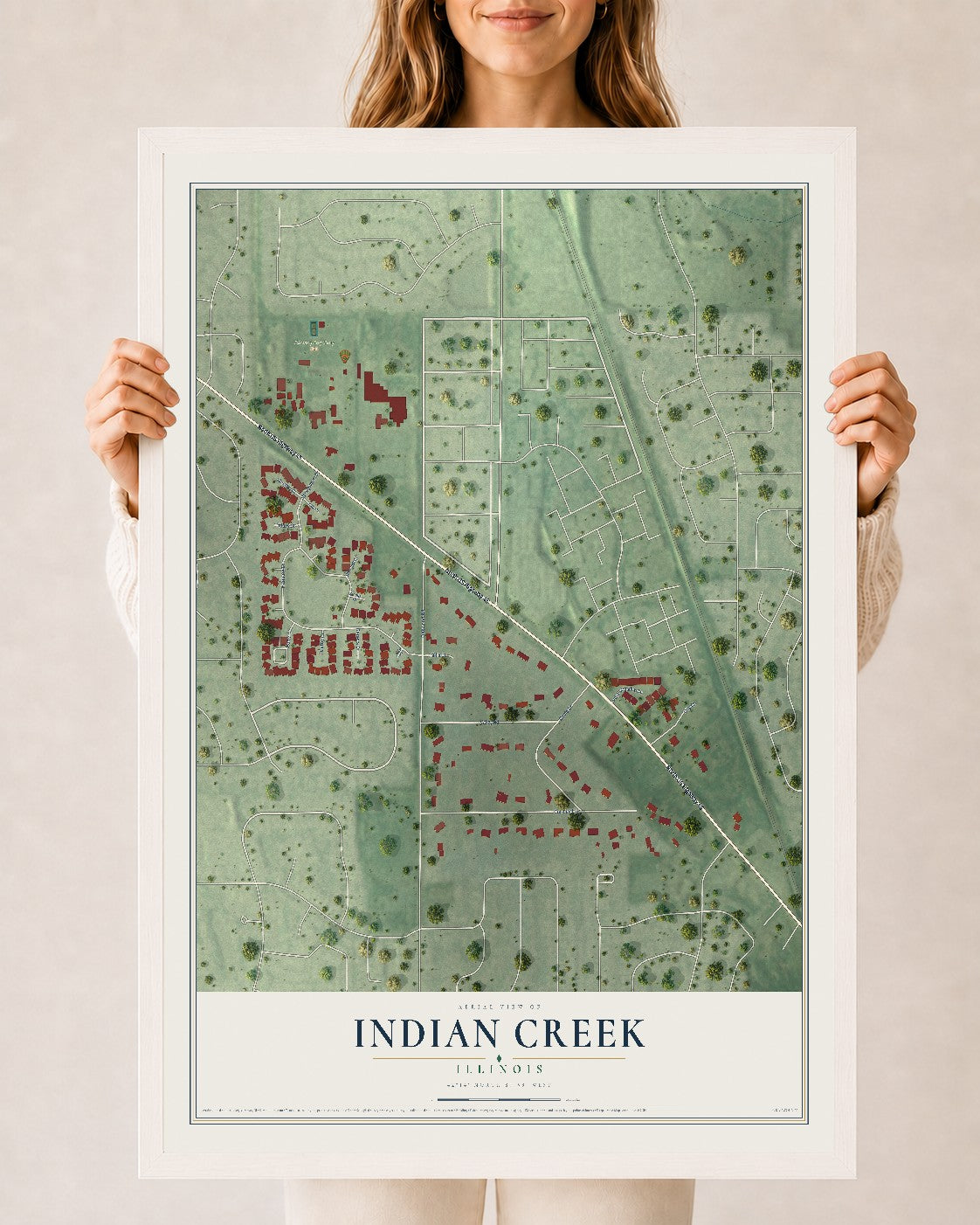 Map of Indian Creek, Illinois, 24 x 36 inch print in a white wood frame