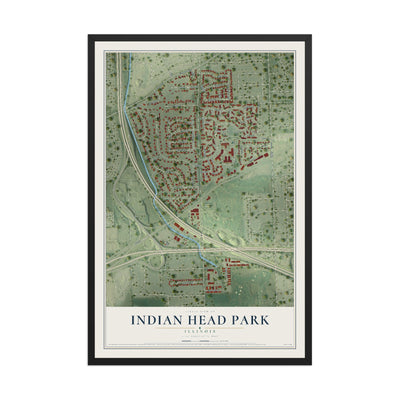 Map of Indian Head Park, Illinois, 12 x 18 inch print in a black wood frame