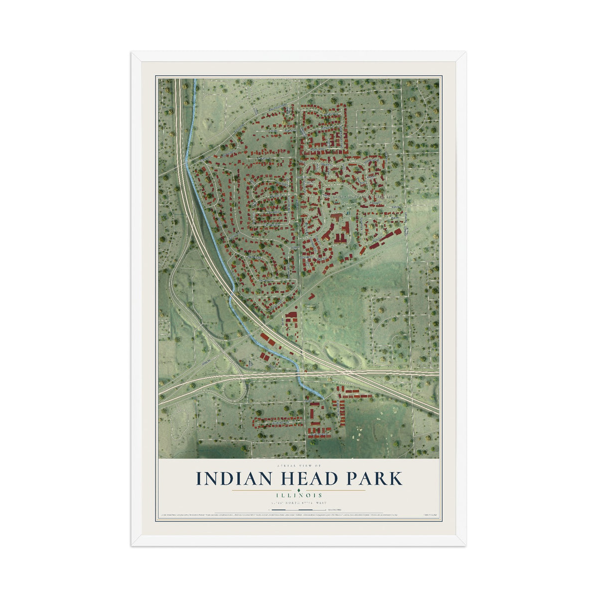 Map of Indian Head Park, Illinois, 12 x 18 inch print in a white wood frame