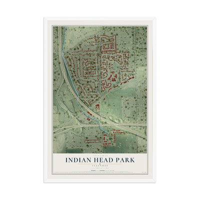 Map of Indian Head Park, Illinois, 12 x 18 inch print in a white wood frame