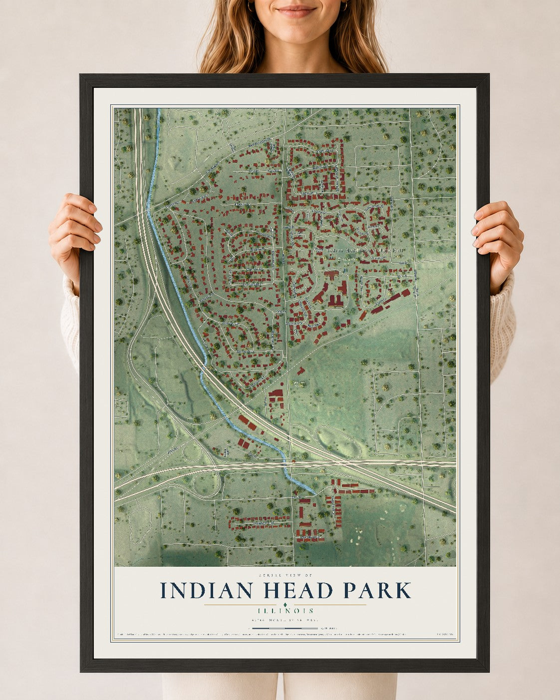 Map of Indian Head Park, Illinois, 24 x 36 inch print in a black wood frame
