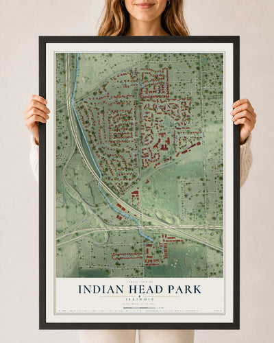 Map of Indian Head Park, Illinois, 24 x 36 inch print in a black wood frame