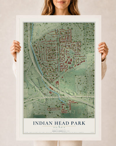 Map of Indian Head Park, Illinois, 24 x 36 inch print in a white wood frame