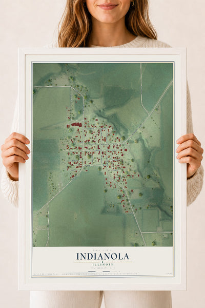 Map of Indianola, Illinois, 18 x 24 inch print in a white wood frame