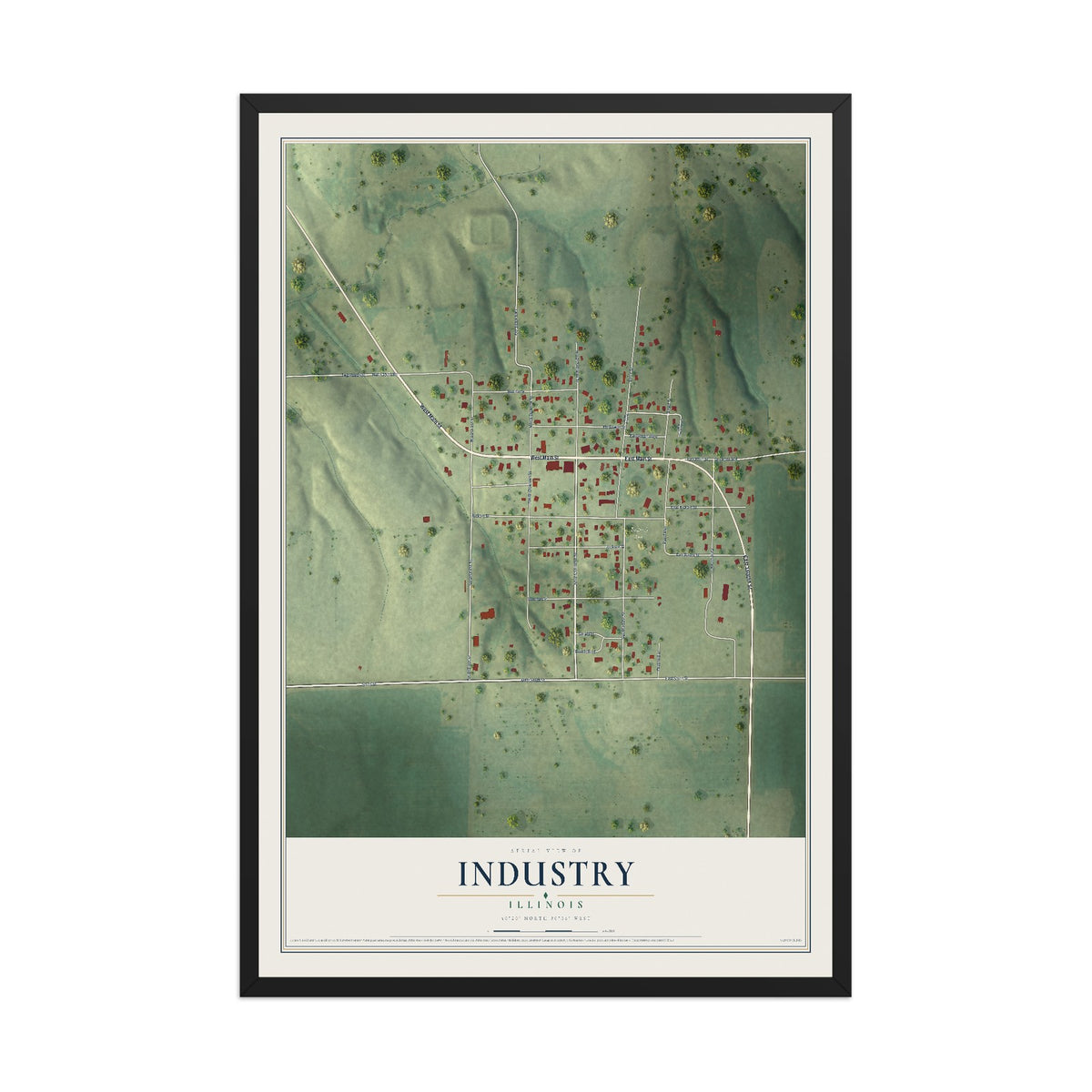 Map of Industry, Illinois, 12 x 18 inch print in a black wood frame