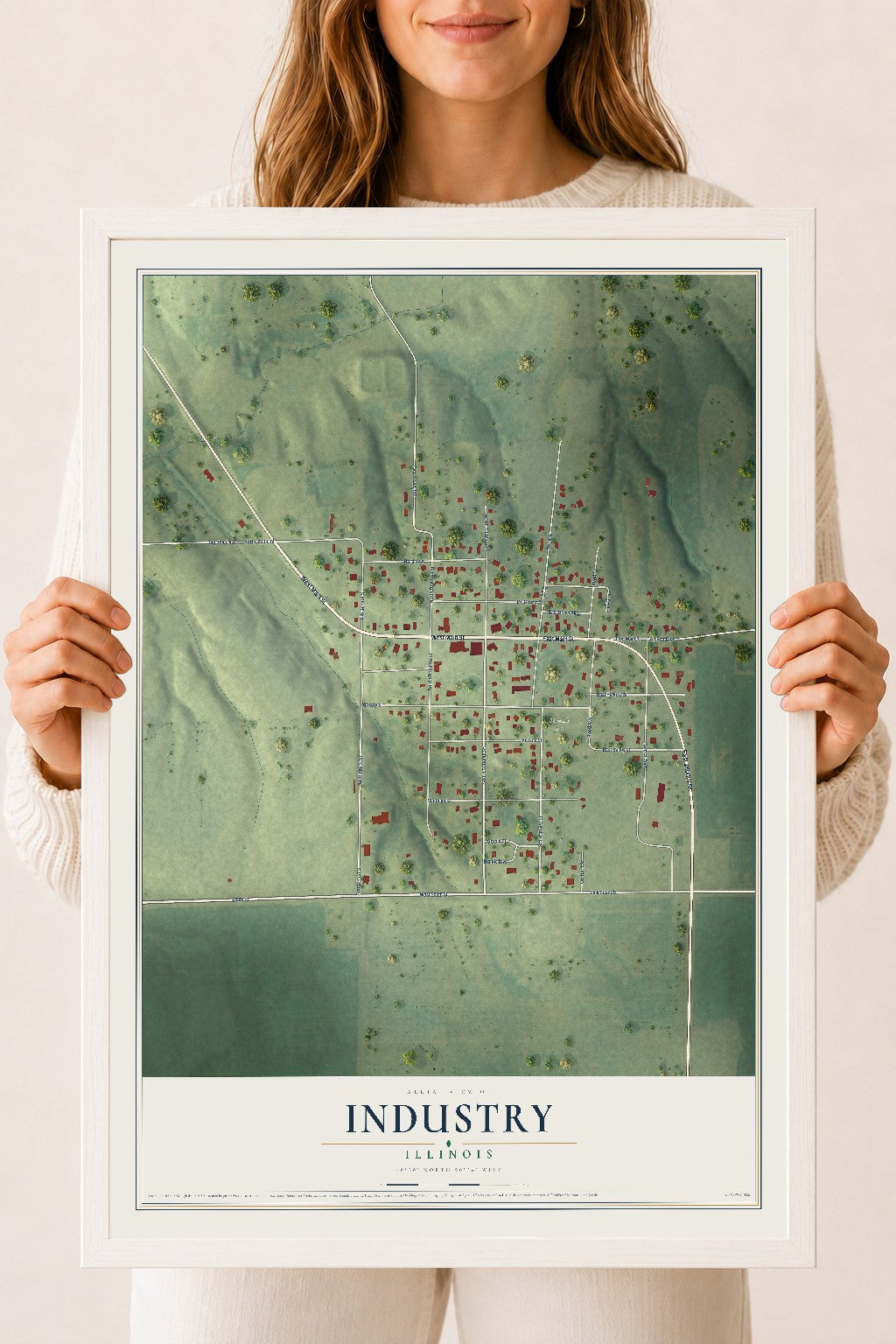 Map of Industry, Illinois, 18 x 24 inch print in a white wood frame