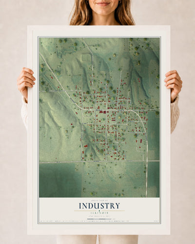 Map of Industry, Illinois, 24 x 36 inch print in a white wood frame